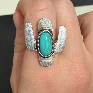 Faux Silver and Turquoise adjustable Cactus Ring